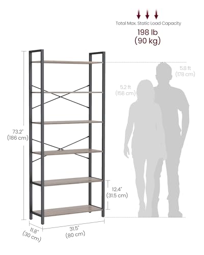 Image of VASAGLE 6-Tier Bookshelf, Bookcase with Steel Frame, Book Shelf for Living Room, Home Office, Study, 11.8 x 31.5 x 73.2 Inches, Industrial Style, Heather Greige and Ink Black ULLS082B02
