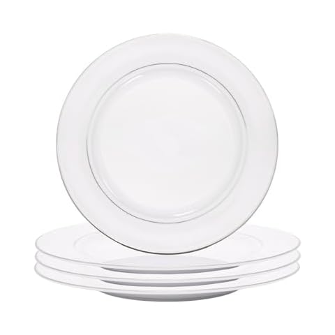 Happy Homewares Set of 4 Premium Durable White Gloss Ceramic Side Plates with Elegant Dual Shiny Silver Metallic Rims - Dishwasher Safe Cover