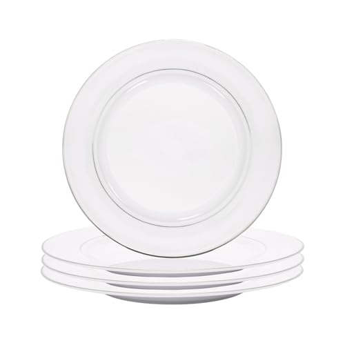 Happy Homewares Set of 4 Premium Durable White Gloss Ceramic Side Plates with Elegant Dual Shiny Silver Metallic Rims - Dishwasher Safe
