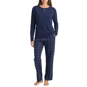 U2SKIIN Damen Pyjama Set Baumwolle, Langarm Oberteil mit Hose, weiche leichte Nachtwäsche, 2-Teilig Pullover Schlafanzug (Dunkelblau/Dunkelblau Kariert, M)