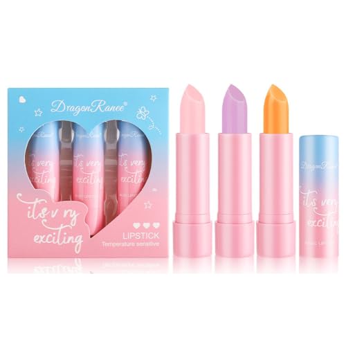 3 Pcs Color Changing Lipstick Lip Balm, Temperature Color Changed Lip Tint Stain Gloss Balm Long Lasting Waterproof Moisturizer Jelly Crystal Lipstick Set for Women