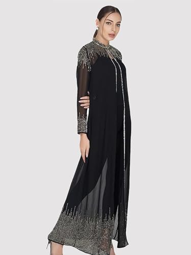 Image of Matelco Women Georgette Floor Length Hand Embroidered Embellished Longline Front Open Shrug Dress