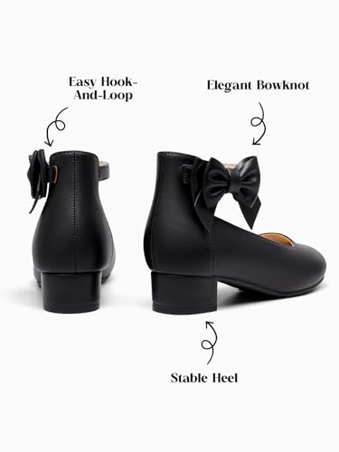 Image of Coutgo Girls Dress Shoes Flower Girl Bow Chunky Heels Closed Toe Ankle Strap Pumps Wedding Party Princess Shoes