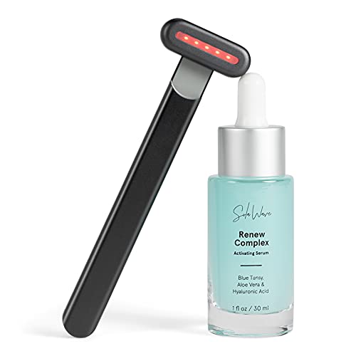 SolaWave 4-in-1 Facial Wand and Renew Complex Serum Bundle | Red Light Therapy for Face and Neck | Microcurrent Facial Device for Anti-Aging | Face Massager with Anti-Wrinkle Serum | Matte Black