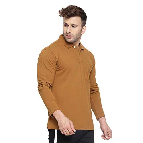 Image of CHKOKKO Cotton Polo Neck Full Sleeves Plain T Shirt for Men with Pocket Brown L