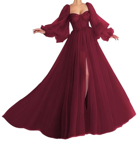 Puffy Sleeve Tulle Prom Dresses with Slit 2025 Long Sweetheart Ball Gown Formal Dresses for Women Evening Party