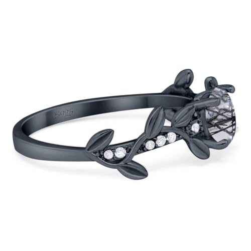 OMRANII Art Deco Ring Round Natural Rutilated Quartz Vintage Leaf Style CZ Wedding Engagement Rings For Women 925 Sterling Silver Gift For Her2