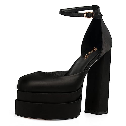 FOWT Women Thick Platform Square Toe Pumps Sexy Chunky Block High Heels Ankle Strap Wedding Evening Party Shoes Size 4-16 US
