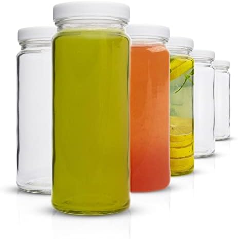 All About Juicing Clear Glass Water Bottles Set - 6 Pack Wide Mouth with Lids for Juice, Smoothies, Beverage Storage - 16 oz, Durable, Eco Friendly & BPA Free - Reusable, Dishwasher Safe, Leak Proof