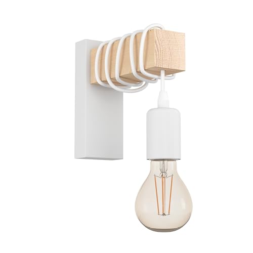 Eglo Aplique de pared TOWNSHEND, aplique de pared vintage con 1 bombilla en diseño industrial, lámpara retro de acero y madera, color blanco, marrón, casquillo E27