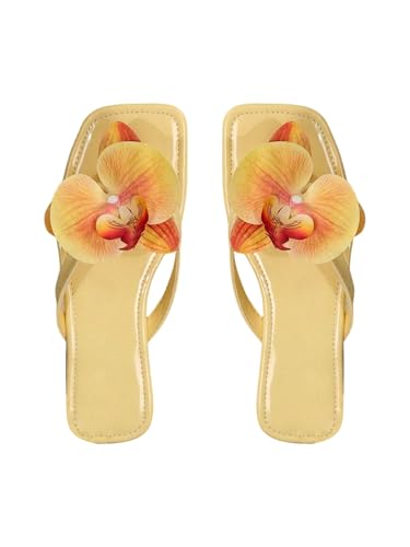 MakeMeChic Women's Flower Flat Sandals Square Toe Flip Flops Summer Beach Slippers Thong Sandal Yellow 11