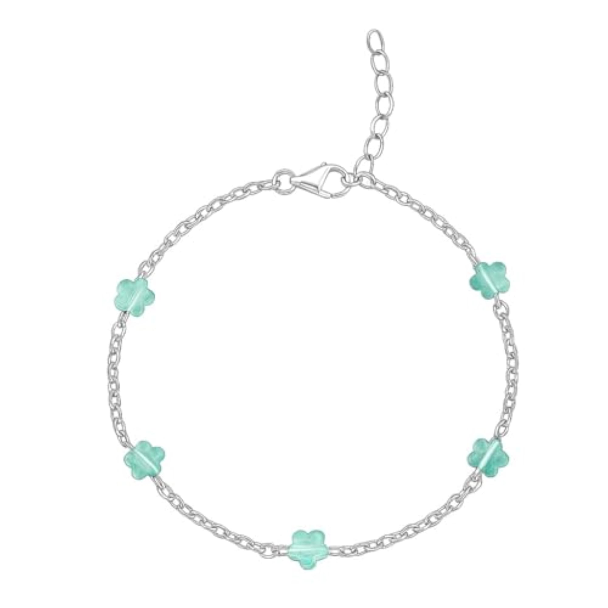 Women's 925 Sterling Silver Single Anklet with Blue Glass Flower Beads