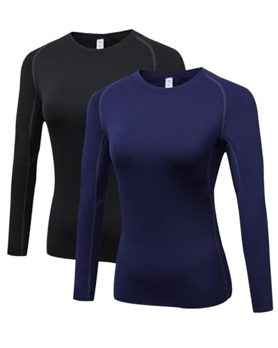 LNJLVI - LNJLVI T-Shirts de Sport Femme à Manche Longues Compression Tops Fitness Running Yoga Tee Shirt(Noir-Dark Bleu,XXL)