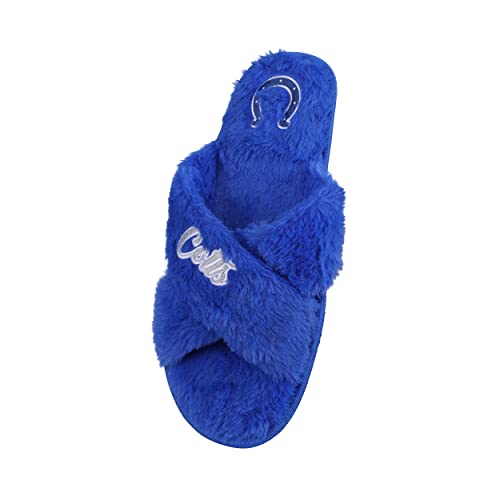 Image of FOCO Womens NFL Team Script Wordmark Fuzzy Cross Slide Slippers