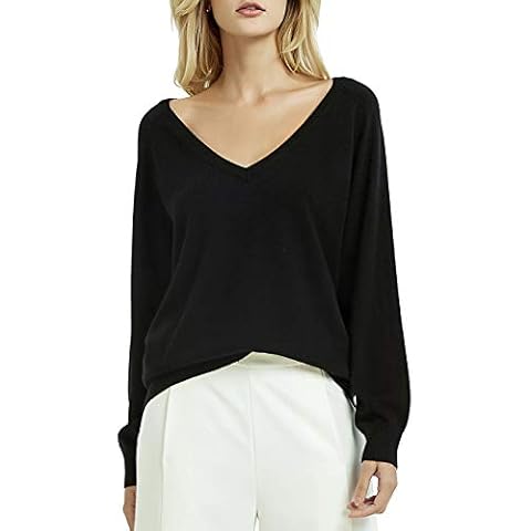 Kallspin Women’s Cashmere Wool Blended Jumper Pullovers V Neck Long Sleeve Knitted Sweater Black Cover