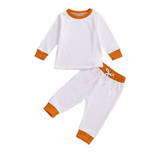 Newborn Baby Girl Boy Cute Clothes Long Sleeve Solid Knitted T Shirt Pullover Tops Drawstrings Pants Cute Ribbed Fall Winter Outfits Set (3-6 Months, KK - White)