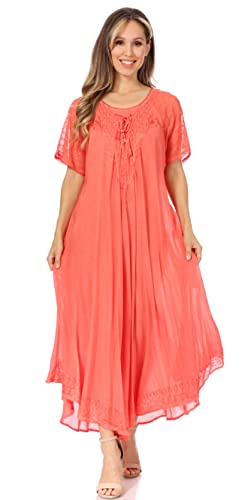 Image of Sakkas Egan Long Embroidered Caftan Dress /Cover Up with Embroidered Cap Sleeves