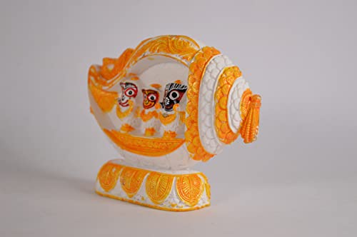 Image of Jagannath Balaram Subhadra by for Car Dashboard Idols for Gift Home Decor Idols for Pooja (13 cm White & Orange Shankh Design Jagannath Balaram Subhadra Idol Statue)