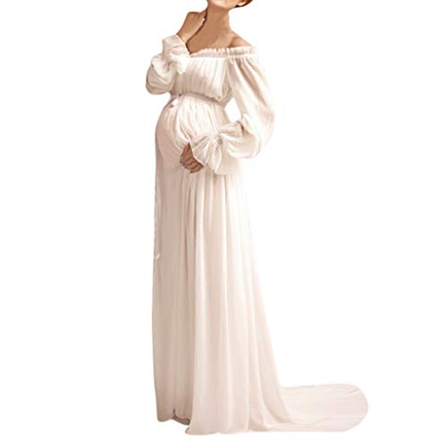 CapsA Maternity Dresses for Photography Long Sleeve lace Gowns for Photography Shooting Props Pregnant lace Long Dress Lady's Wedding Tull Dress Elegant Off Shoulder Ruffle Photography Dress (White)