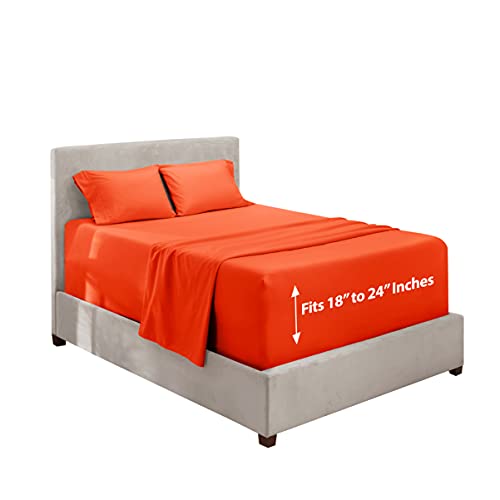 Image of Hearth & Harbor Extra Deep Pocket Queen Sheets - 4 Piece Hotel Luxury Queen Sheet Set Fits Up to 24 inch Mattress - Ultra Soft Luxury Queen Bed Sheet Set - Soft & Breathable, Queen, Orange