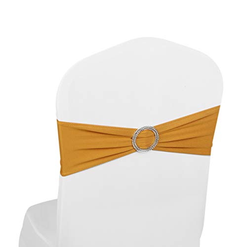 Elastic Stretch Spandex Chair Covers Sashes Bands With Buckle Bows For Wedding Home Party Suppliers Decorations (Gold, 50PCS)