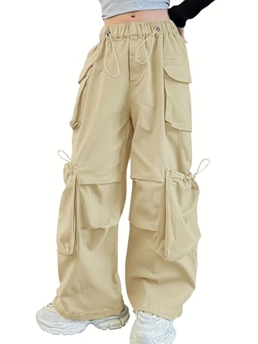 Image of Girls Cargo Pants Wide-Leg Straight Streetwear, 6-14 Years | Elastic Drawstring Vintage Baggy Pants Y2K School Casual