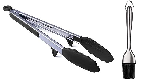 Image of Baskety Tongs Non-Stick Stainless Steel Silicone Kitchen Food Cooking Tongs (9 Inch Black with Brush)