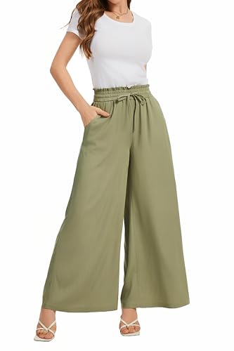Image of KICZOY Women Flowy Pants Drawstring Waist Wide Leg Palazzo Beach Pants Loose Fit with Pockets