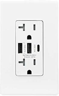 ELEGRP 30W 6.0 Amp 3-Port USB Wall Outlet, 20 Amp Receptacle with USB Type C & Type A Ports, USB Charger for iPhone/iPad/Samsung/LG/HTC/Android Devices, UL Listed, w/ Wall Plate, 1 Pack, Matte White
