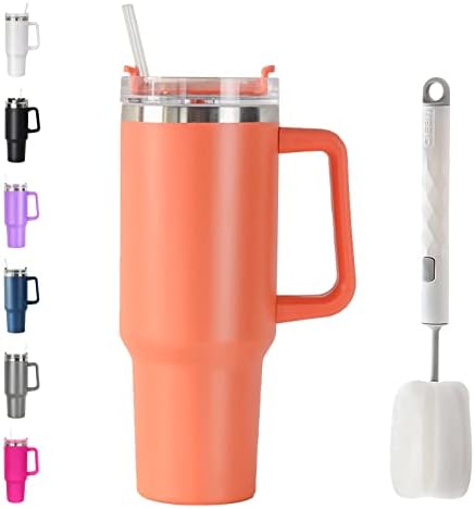 XPANIA Simple And Modern 40 Ounce Glass With Handle And Straw - Reusable Stainless Steel Thermos And Water Bottle, Keeps Hot Or Cold, Perfect For Gifting, Home Office.（Orange）