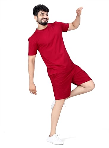 Image of ELLITI Cotton Blend Solid Casual Round Neck Half Sleeve Oversized Co-ord Set Men's, Pyjama Set, Sleepwear Loungewear T-Shirt and Shorts Combo for Men, Night Wear for Men, Night Suit for Men's