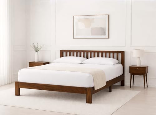Image of King Size Solid Wood Premium Minimalist Bed | Modern Durable Double Bed - Walnut Finish - 78x72 inches