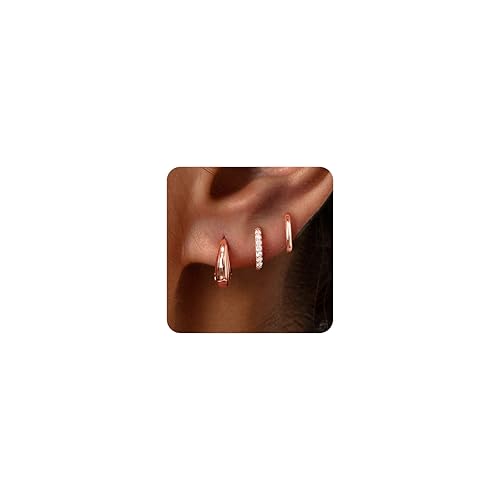 Poxtex Small Rose Gold Plated Huggie Hoop Earrings Set for Women Hypoallergenic Trendy Hoops Stacks for Multiple Piercings Dainty Cute Mini Lightweight Cartilage Jewelry Gift for Sensitive Ears
