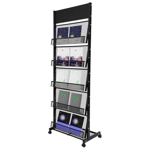 MARTEXBUY Magazine Rack, Brochure Display Stand on Wheels, 5 Pockets Catalog Literature Rack, Magazine Holder Newspaper Stand for Exhibitions Office Retail Store Trade Show Cover