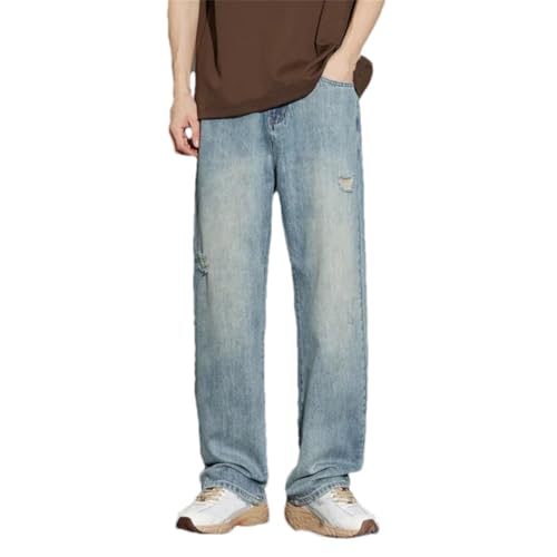 Men's Y2K Distressed Baggy Jeans Korean Style Straight Fit Ripped Frayed Vintage Denim Trousers