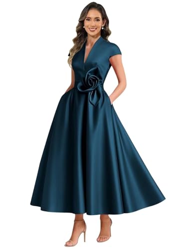 Boho Mother of The Bride Dresses for Women Short Sleeve V Neck Satin Formal Dresses for Women Plus Size US 18 Teal