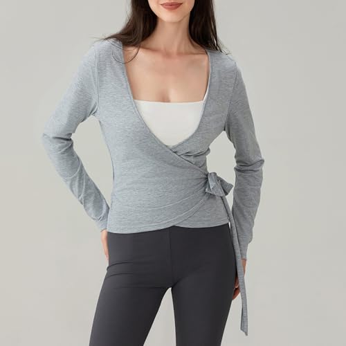 Geagodelia Camiseta de manga larga para mujer, con lazo frontal, ajustada, cuello en V profundo, cruzada, para entrenamiento, pilates, ballet, yoga, gimnasio, deportes, gris claro, S