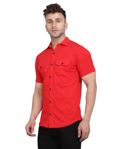 Image of Men's Half Sleeve Shirt - Spread Collar Casual Shirt with Double Flap Pockets - Slim Fit Cotton Blend Button-Down