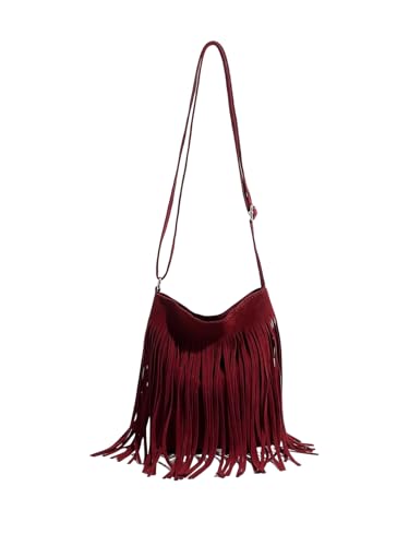 OYOANGLE Womens Fringe Bags Adjustable Strap Tassel Crossbody Bags Hippie Western Purse Cowgirl Shoulder Bag Burgundy One Size