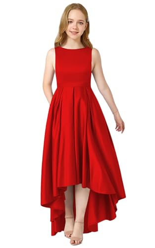 2025 Stretch Satin Junior Bridesmaid Flower Girl Dresses Boat Neck, High-Low with Pocket for Weddings,Prom