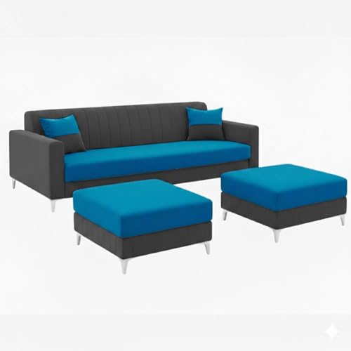 Image of Amelia 5 Seater L Shape Sofa Set with 2 Movable Ottomans | Flexible Layout | Rich Velvet Suede Fabric | Silver Legs | Spacious Seating | Modern Sofa for Living Room (Dark Grey-Aqua Blue)