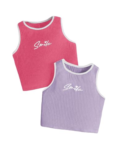 Milumia Girl's 2 Pack Letter Print Tank Tops Contrast Binding Rib Knit Sleeveless Top
