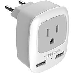 Convertidor Cargador Europeo Adaptador Enchufe Americano a Europeo, TESSAN Adaptador Enchufe México, Adaptador Enchufe USA con 2 USB, Enchufe EEUU Adaptador, Adaptador de Viaje Tipo C y F para Alemania España Italia Francia