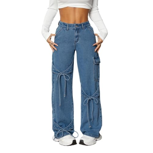 LAFOURAM Bow Jeans for Women High Waisted Straight Leg Baggy Y2K Cute Bow Tie Cargo Deim Pants