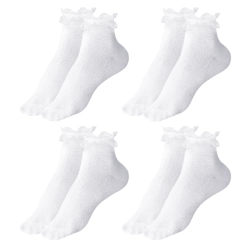 UILYNIU 4 Paia Calze Bianche Donna Calzini Caviglia Calzini di Pizzo Donna Calzini con Volant Calzini Eleganti Calzini da Principessa Calzini di Cotone Calzini da Balletto Ragazze Donne (Bianco)