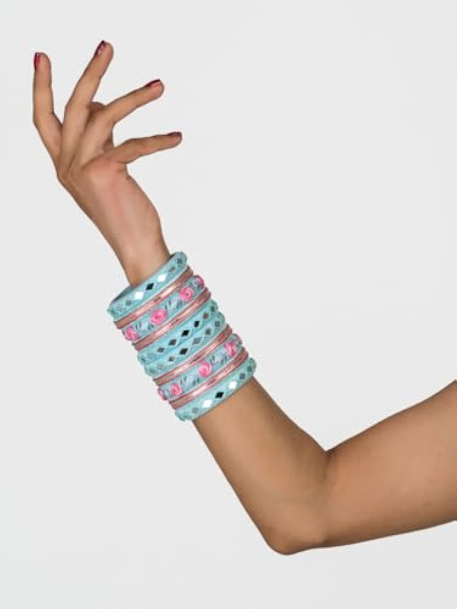 Myra Blue Pink Flower Work Bangles, Handcrafted Cotton Thread Bangle Set for Women & Girls