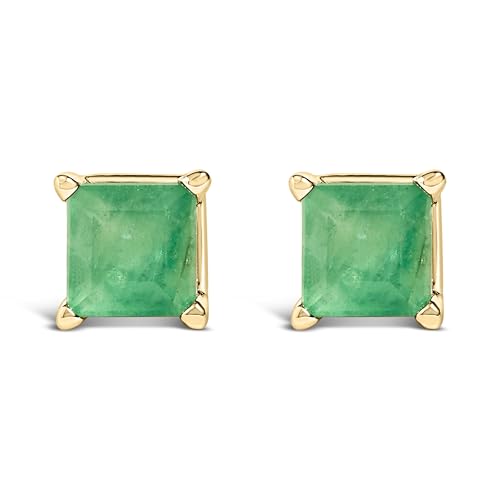 14K Yellow Gold 5x5MM Princess Cut Green Emerald Solitaire Stud Earrings