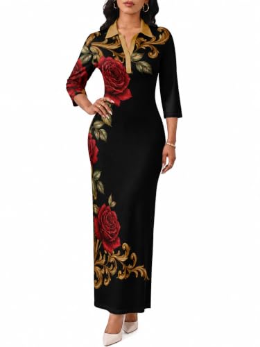 Image of PinkPatty Women's Casual 3 /4 Sleeve Polo V Neck Bodycon Maxi Dress