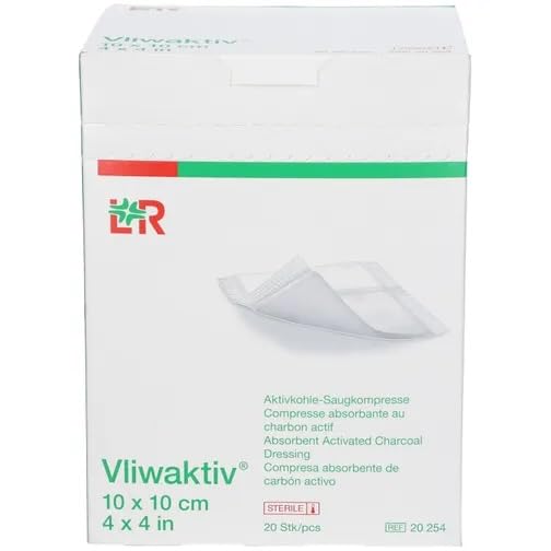Vliwaktiv - 20 compresse di aspirazione al carbone attivo, 10 x 10 cm, sterili, sigillate singolarmente