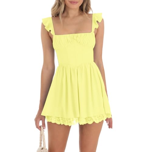 Image of Women Y2k Cute Babydoll Mini Dress Corset Lace Patchwork Sleeveless Ruffled A-Line Flowy Short Dress Beach Streetwear